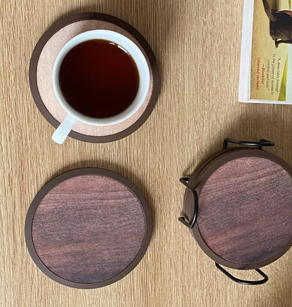 Absorbent Coasters for Drinks with Holder - 6packs, Silicone Coaster with Soft Felt Insert (4.3 inch Coasters with 4.5 inch Holder, Wooden Style)