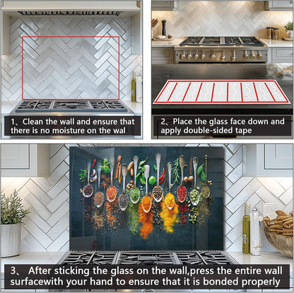 DAIFURONGE Spice Tempered Glass Backsplash For Kitchen Behind Stove,Stove Back Top Cover,Easy to Clean Glass Splashback, Sink Cover Splash Guard,Home Kitchen Wall Decor (35.43"x23.62"(90x60cm))