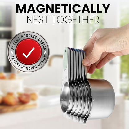 Spring Chef Magnetic Stainless Steel Measuring Cups (Patent Pending), Kitchen Tools with Easy to Read Markings for Measuring Dry or Liquid Ingredients, Set of 7, Winter Frost