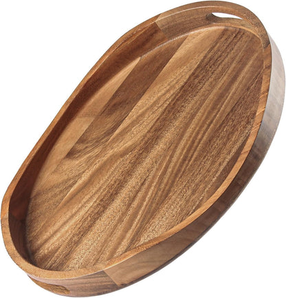 Acacia Wood Serving Tray with Handles - 17"x13" Round, Decorative Ottoman Tray for Living Room, Coffee Table, Breakfast in Bed, Candle Display