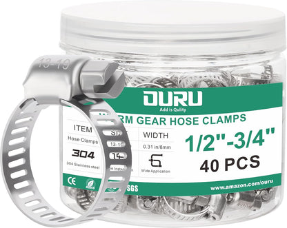 40PCS Hose Clamps Stainless Steel Adjustable 1/2"– 3/4"(13-19mm) Worm Gear Hose Clamp, Heavy Duty Metal Small Hose Clamps for Automotive, Pipe, Radiator Plumbing, Fuel Line