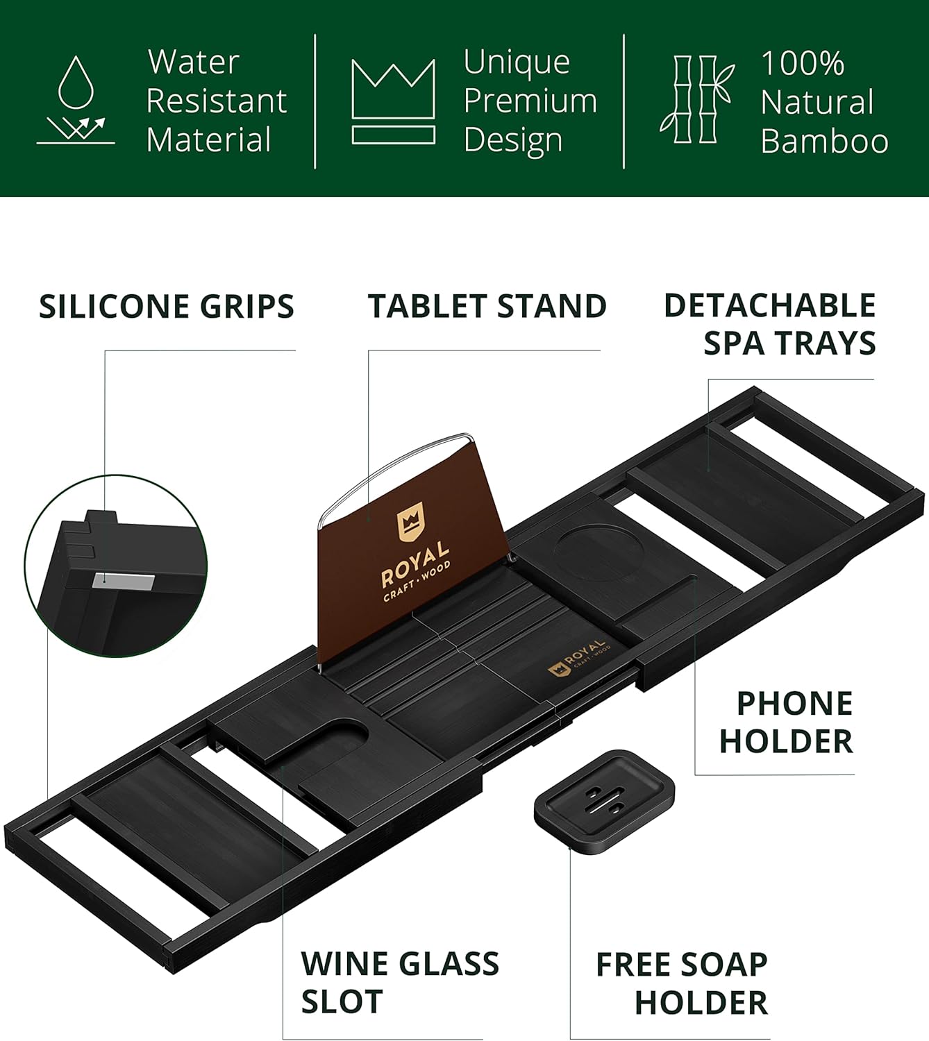 ROYAL CRAFT WOOD Premium Foldable Bathtub Tray - Wood Bath Tray for Tub, Bamboo Shelf, Expandable Bath Table Trays, Bathtub & Bathroom Accessories for New Home & Mothers Day & Birthday Gifts for Mom