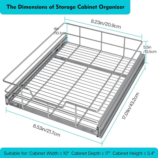 Pull Out Cabinet Organizer 9" W X 17" D, Slide Out Drawers For Kitchen Organizers and Storage, Pull Out Drawers For Cabinets Capacity Heavy Duty Caddy, Cabinet Shelves Chrome-Plated, Bathroom Pantry