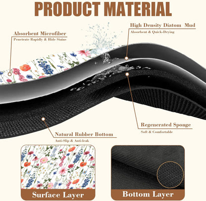 Watercolor Flowers Coffee Mat Absorbent Dish Drying Mat for Kitchen Counter Hide Stain Rubber Backed Coffee Bar Accessories Fit Under Espresso Machine Dish Rack 11.8 x 19.7 Inch