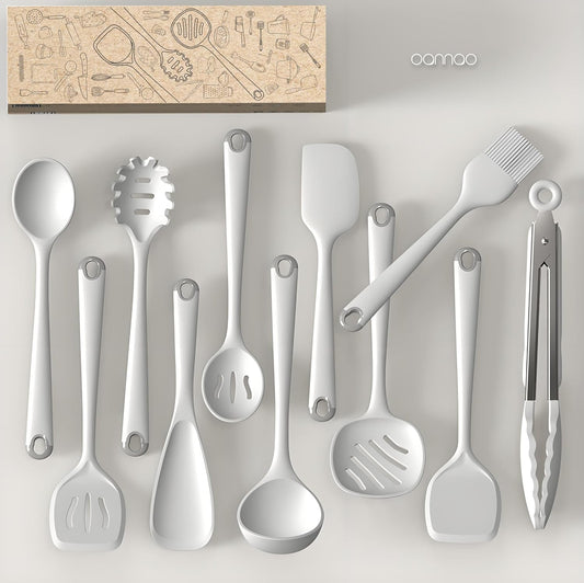 Thickened Silicone Kitchen Utensils Set, 600°F Heat Resistant Silicone Cooking Utensils, Spatula, Spoon, Whisk, Tongs, Kitchen Gadgets for Nonstick Cookware, Dishwasher Safe BPA Free (Cream White)
