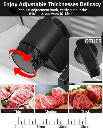 Meat Slicer, 200W Electric Deli Food Slicer with 2 Removable 7.5'' Stainless Steel Blades and Tray, Adjustable Thickness for home use,Child Lock Protection,Easy to Clean,Cuts Meat, Bread and Cheese