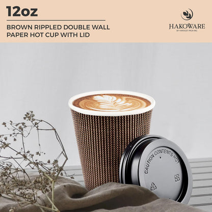 [100 SET]Harvest Pack 12 oz Disposable Coffee Cups, Insulated Ripple Double-Walled Paper Cups with Lids, Brown Geometric, Leak-Proof Drinking Cups for Tea Hot Chocolate Drinks To go coffee cups