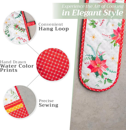 Maison d' Hermine Double Oven Mitts 100% Cotton 7"x35" Double Oven Mitt Heat Resistant BBQ Cooking Gloves with Loop, Baking, Grilling, Home, Kitchen, Handling Hot Pans (Poinsettia Christmas)