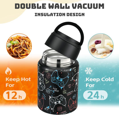 Soup Thermo for Hot Food Kids 16oz Insulated Food Jar Leakproof Thermo Lunch Container for Kids Wide-Mouth Stainless Steel Lunch Box for School with Handle Folding Spoon(3+)