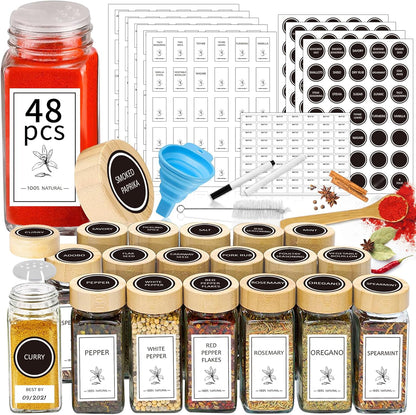 Aliggbent Spice Jars with Lable, 48 Pcs 4 oz Glass Spice Jars with Bamboo Lids, Spice Containers Bottles, Glass Seasoning Jars with Shaker Lids, Collapsible Funnel, for Spice Racks, Pantry,Cupboard