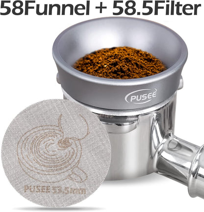 58mm Espresso Dosing Funnel & 58.5mm Puck Screen,PUSEE Coffee Dosing Ring Aluminum Metal,Reusable 1.7mm Thickness 150μm Espresso Puck Screen 316 Stainless Steel Fits 58mm Portafilter