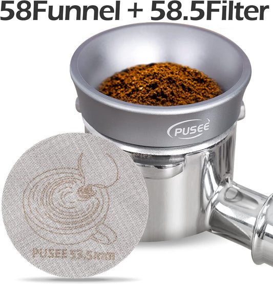 58mm Espresso Dosing Funnel & 58.5mm Puck Screen,PUSEE Coffee Dosing Ring Aluminum Metal,Reusable 1.7mm Thickness 150μm Espresso Puck Screen 316 Stainless Steel Fits 58mm Portafilter