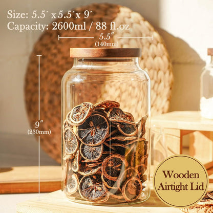 Labina Glass Storage Container Airtight Food Jars Kitchen Canister with Wood Lids, 88 Oz Wide Mouth Pantry Organization Glass Jar for Flour, Sugar, Cookie, Spagetti, Nuts and Candy (2 Pack)
