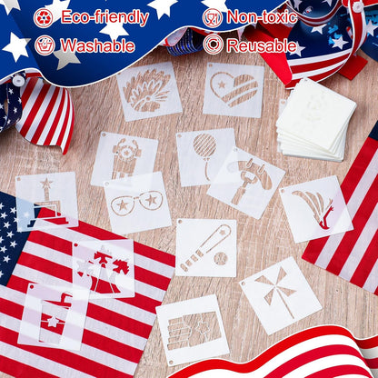 100 Pcs Stencils for Painting on Wood Reusable Stencil Crafts Drawing Templates Holiday Stencils Wall Paper Stencil Set for DIY Art Scrapbook Home Decor 2 x 2 Inch (Patriotic Style)