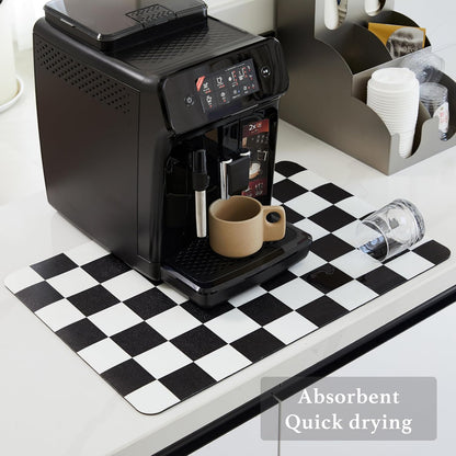 Checkered Dish Drying Mat for Kitchen Counter, Coffee Bar Station Accessories, Retro Cute Aesthetic Modern Absorbent Drainer Mat Kitchen Drying Mat Easy Clean, Black 16" x 24"