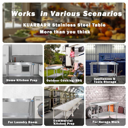 Stainless Steel Table for Prep & Work with Undershelf 30 x 36 Inches NSF Metal Commercial Kitchen Adjustable Under Shelf Worktable for Restaurant Home Outdoor