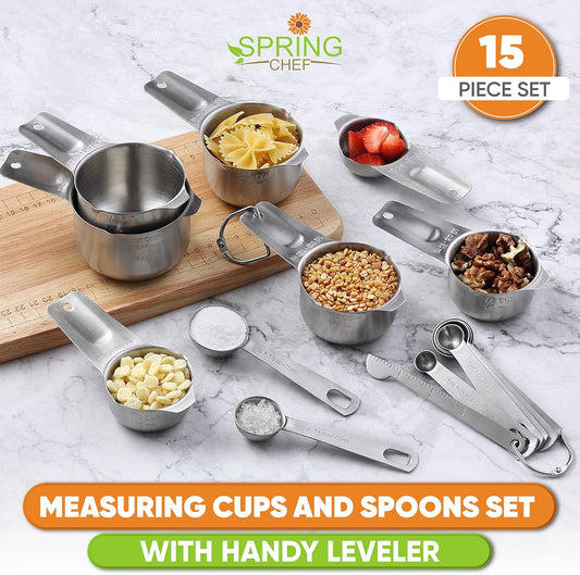 Spring Chef Stainless Steel Measuring Cups and Spoons Set of 15 with Leveler - Kitchen Metric Metal Measuring Spoons and Cups Set for Dry & Liquid Ingredients - Perfect for Cooking & Baking
