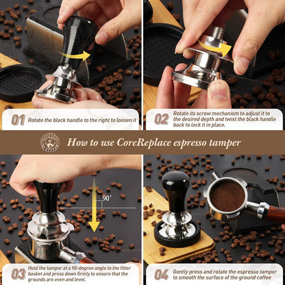 Newest 51mm Espresso Coffee Tamper Adjustable Height with Scale, 30lbs Springs Tamping Strength, Stainless Steel Flat Base, with Mat