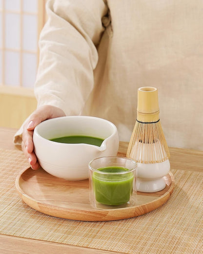 ZENS Matcha Whisk Set, 15oz Ceramic Matcha Bowl with Spout and Bamboo Whisk, Whisk Holder (Chasen), Scoop & Tea Towel, 5pcs Matcha Tea Kit Gift for Matcha Lovers, White