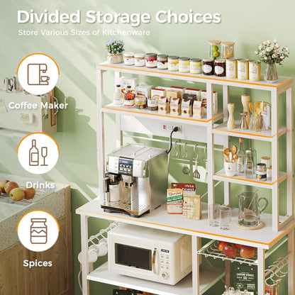 SUPERJARE Large Bakers Rack with Power Outlets, 6-Tier Microwave Stand, Coffee Bar with 12 S-Shaped Hooks, Kitchen Shelf with Wire Basket, 39.3 x 15.5 x 66.9 Inches, White