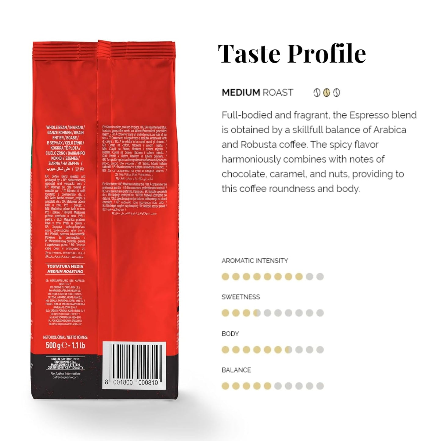 Caffe Vergnano 1882 Espresso Whole Bean Arabica Roast Coffee, 1.1 lb bag - Italian Medium Roast Coffee Beans with notes of Chocolate, Nuts & Caramel, Intensity 7/10-500g Bag (6 Pack)