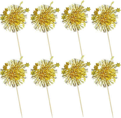 Ephlyn 30Pcs Foil Firework Cupcake Toppers Happy Birthday Cake Toppers Tinsel Flower Drink Stirrers Cocktail Food Fruit Toothpicks for Valentine's Day Party Decorations Gold