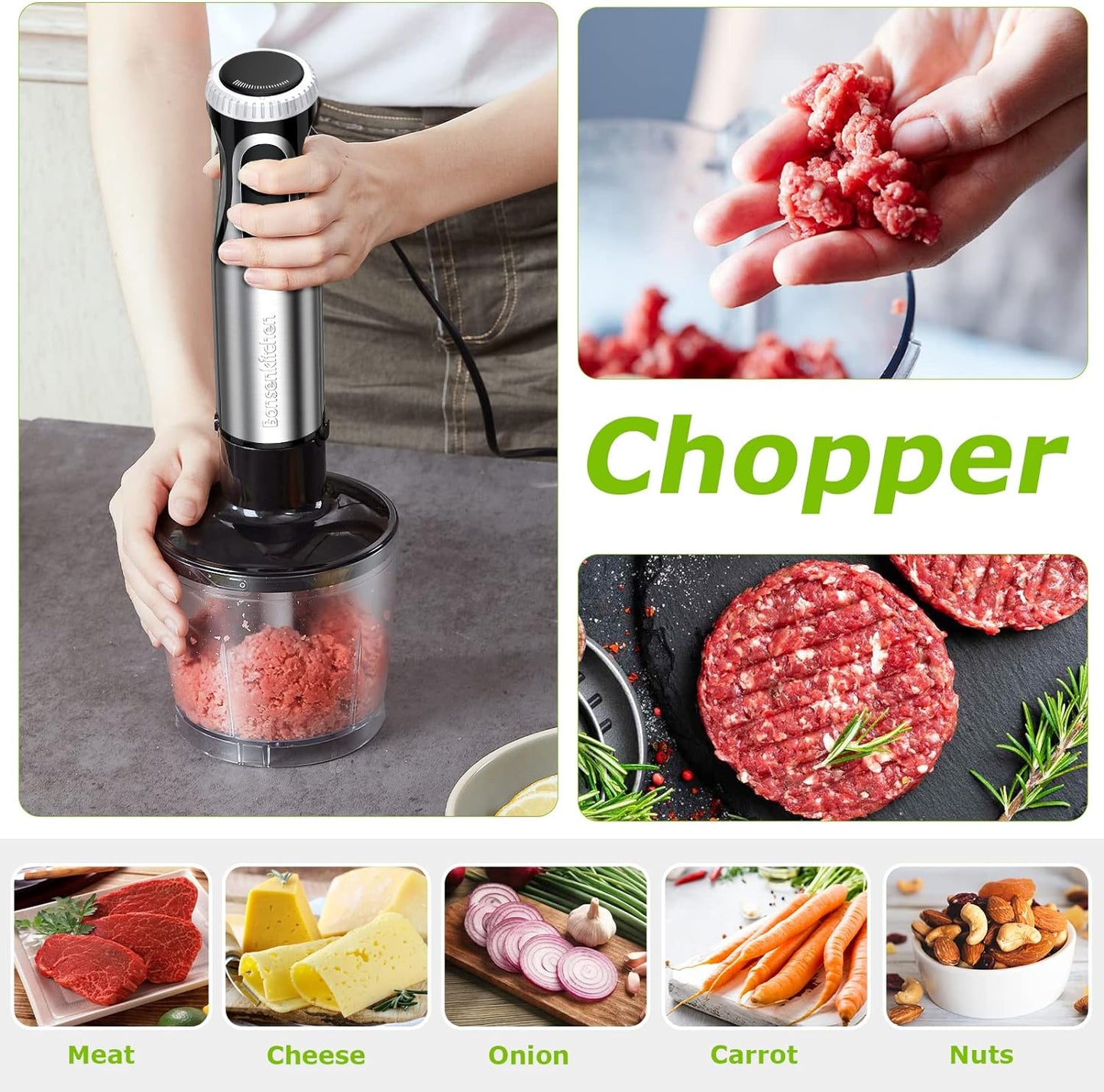Bonsenkitchen 4-in-1 Immersion Blender Handheld, 20 Speeds Hand Blender with Turbo Mode, Stainless Steel Blade, Egg Whisk, Beaker & Chopper Bowl, Stick Mixer for Soup, Smoothie, Puree, Baby Food