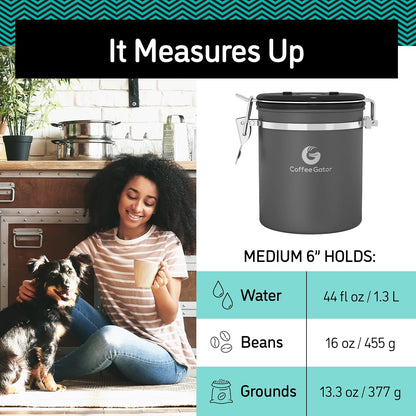 Coffee Gator Coffee Canister, 16oz Airtight Stainless Steel Kitchen Food Storage Container with Date Tracker, CO2-Release Valve and Scoop for Sugar, Beans, Tea, Sugar, Cereal, Cookies Jars - Black