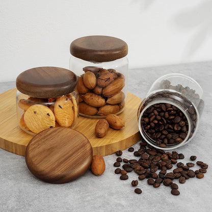 1 PC Small Glass Storage Jars with Airtight Lids, 14 FL OZ (420ml) coffee container with Wooden Lid, Glass Pantry Canister for Beans, Rice, Sugar and etc