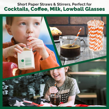 5.75 inch Orange Paper Cocktail Straws, Short Disposable Drinking Straws 500 Counts, Unwrapped - Compostable
