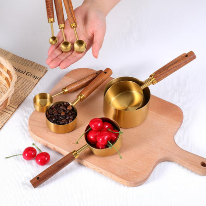 Stainless Steel Measuring Cups Set and Measuring Spoons Wooden Handle Metal Measure Cups and Spoons for Cooking and Baking, Gold, 8 Piece
