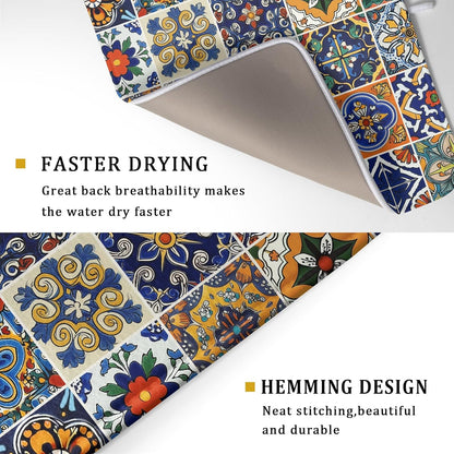 Talavera Mexican Tiles Dish Drying Mat for Kitchen Counter 16x18 Inch Mexican Flower Decorations Dish Draining Mat Mexican Tilt Fast Absorbent Tableware Dishes Pad for Coffee Bar Countertop