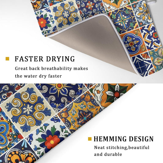 Talavera Mexican Tiles Dish Drying Mat for Kitchen Counter 16x18 Inch Mexican Flower Decorations Dish Draining Mat Mexican Tilt Fast Absorbent Tableware Dishes Pad for Coffee Bar Countertop