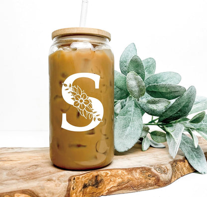 Personalized Gifts for Women, Monogrammed Glass Cups with Lids and Straws, Custom Tumbler, Cute Customized Mug, Aesthetic Stuff, Initial Iced Coffee Cup, Drinking Glasses, Birthday Teacher Gifts, H