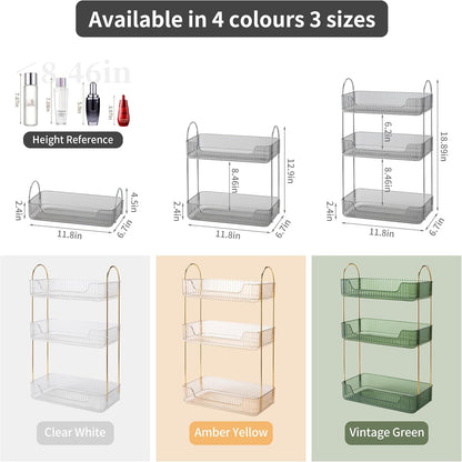 YCIA&DONE Bathroom Organizer Countertop, Makeup Storage, Skincare Cosmetic Tray Shelf, Perfume Holder Rack for Vanity Counter, Large Capacity, Easy to Install, Clean, 3 Tiers, Smoky Gray