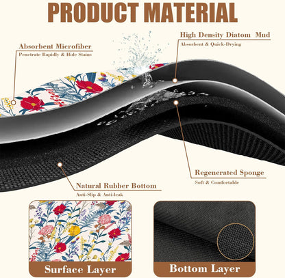 Botanical Dish Drying Mat Spring Flowers Coffee Bar Mat for Countertop Absorbent Rubber Backed Hide Stain Dish Drainer Rack Pad Espresso Machine Cafe Table Dining Room Decor 11.8 x 19.7 Inch