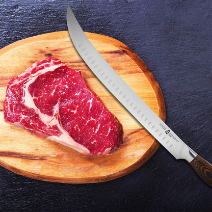 TUO Cimitar Butcher Knife - 14 Inch Butcher's Breaking Knife Long Meat Slicing Knives Pro Curved Slicer Carver - Forged German Steel with Full-Tang Pakkawood Handle - Fiery Series Gift Box Included