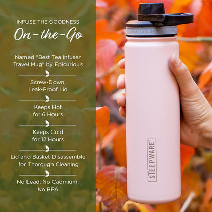 The Tea Spot Steepware Tea Tumbler and Thermos, 22oz, Tea Bottle with tea infuser for loose leaf tea or iced coffee, Sleek Double Wall Tumbler & Insulated Travel Bottle - Rose