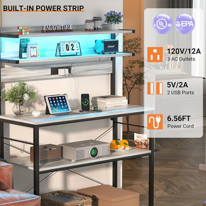 Aheaplus Bakers Rack with Power Outlet, Microwave Stand, 5 Tiers Coffee Bar Station with Led Lights, Kitchen Storage Shelf with 6 S-Shaped Hooks, Kitchen Rack Coffee Bar Stand, White Oak