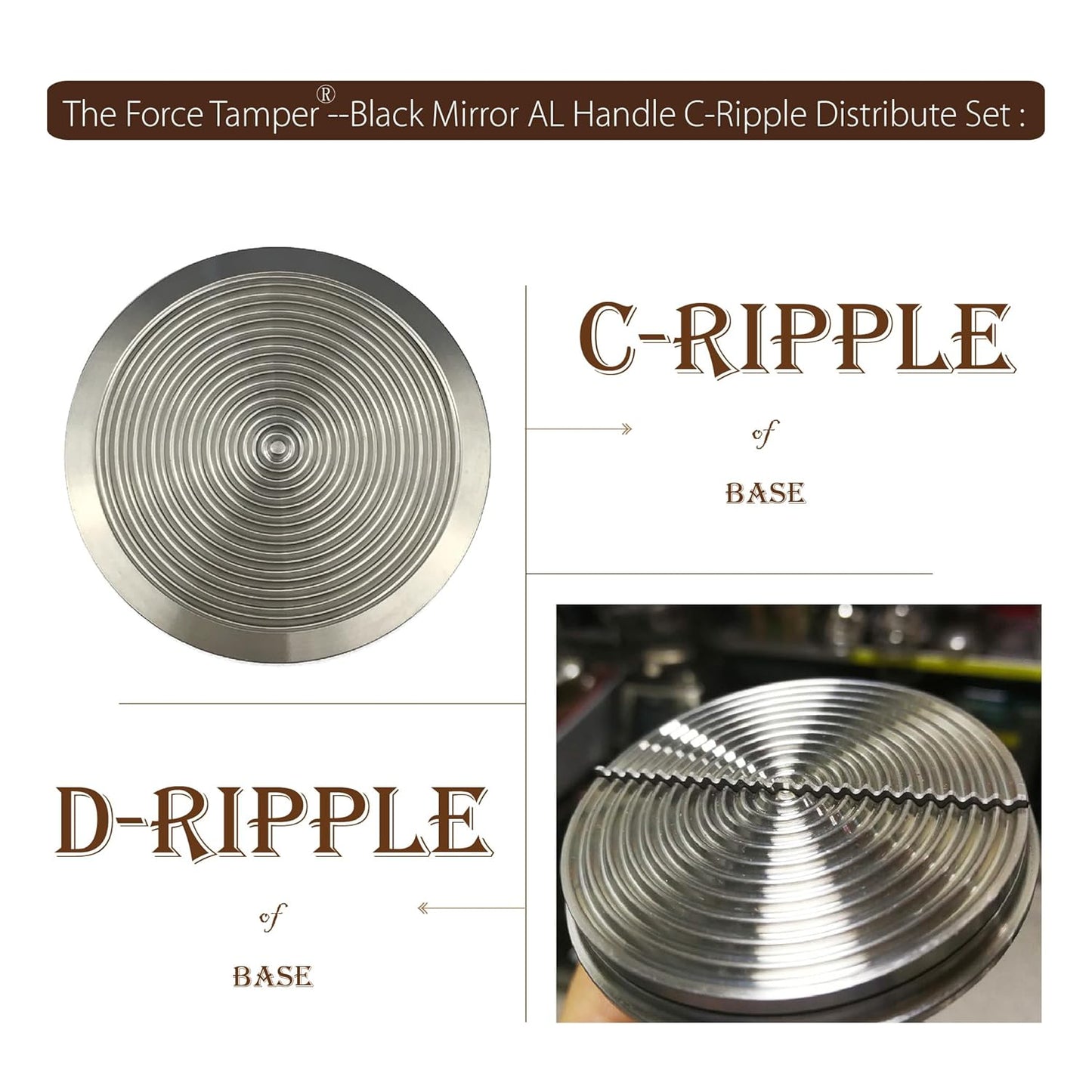 The Force Tamper Automatic Impact Adjustable Constant Pressure and Autoleveling Coffee Tamper Black Mirror Jellyfish AL Handle Set Pro (C-Ripple Distribute Set, 58.50mm)