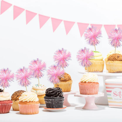 Gyufise 30Pcs Foil Firework Cupcake Toppers Sparkle Tinsel Cake Toppers Tinsel Drink Cake Decoration Cocktail Picks for Birthday Wedding Graduation Party Supplies Dark Pink