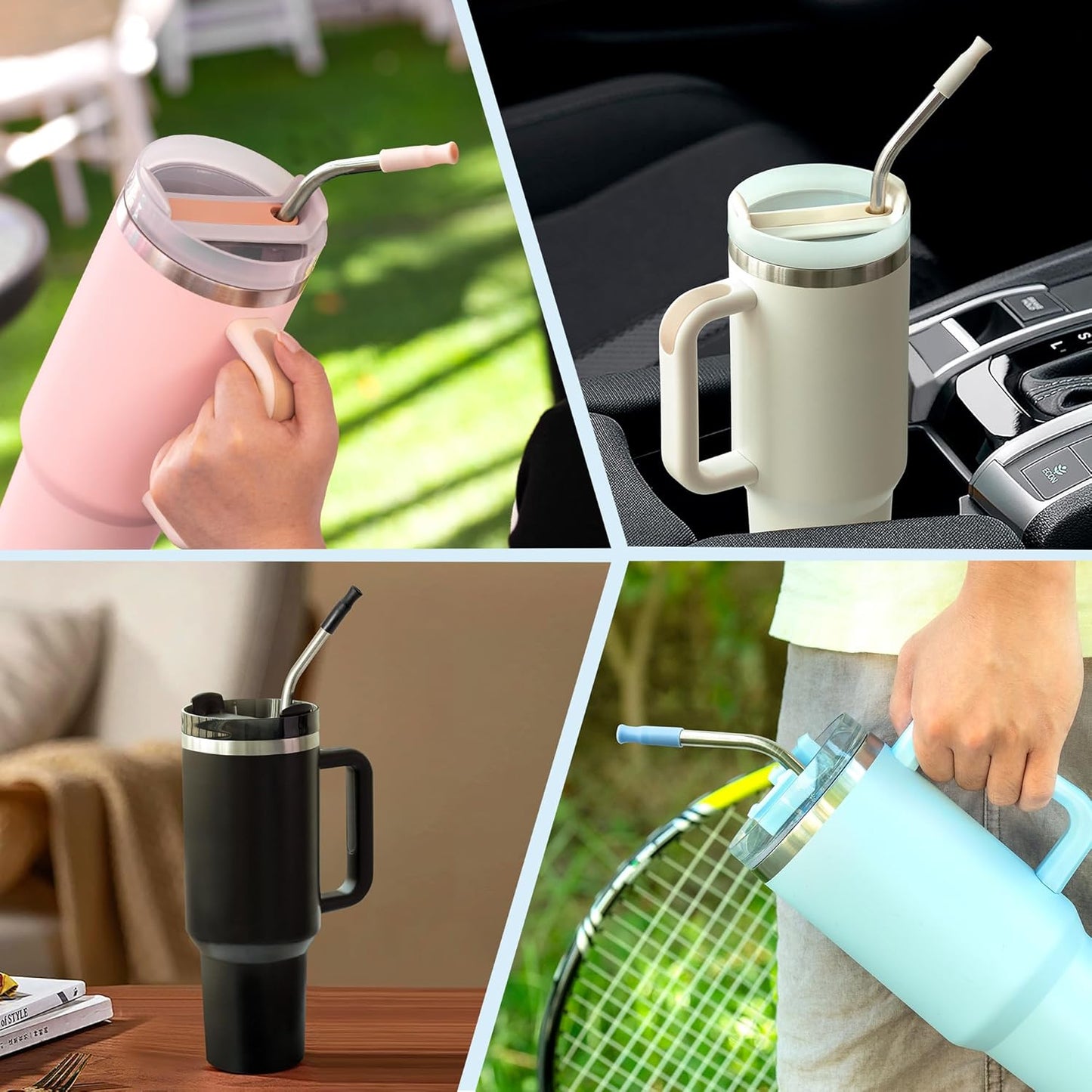 Reusable Stainless Steel Straws with Silicone Tip for Stanley 30oz, Metal Drinking Straws for 30oz Tumbler,3 Bent Tubes & 6 Tips& 1 Cleanr Brush (Chambray)