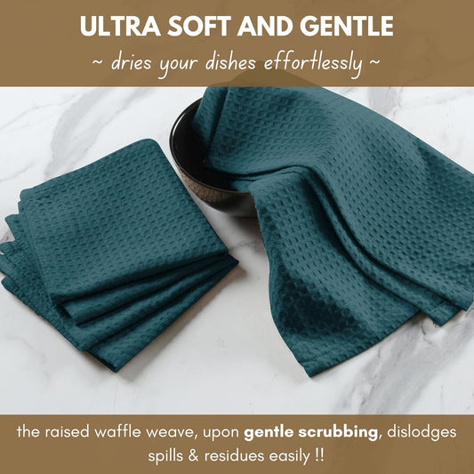 Native Fab Waffle Weave Kitchen Towels, 4 Pack, 16x26 inches, 100% Cotton, Soft & Absorbent Towel with Hanging Loop, Ideal for Cleaning & Drying, Dish Cloths, Bar Towels, Teal Green