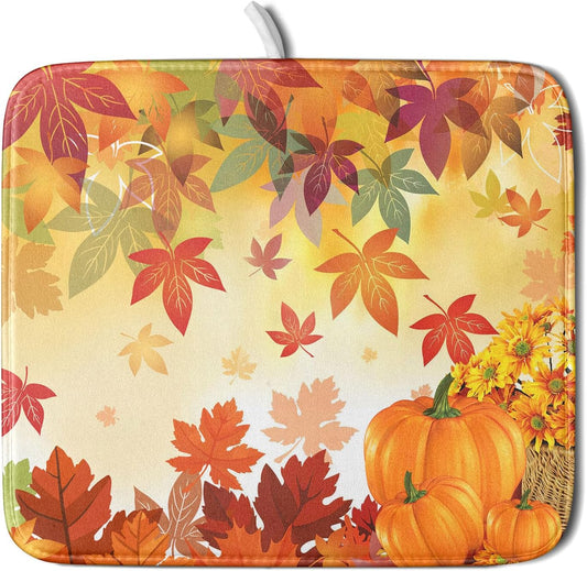 Autumn Fall Dish Drying Mat for Kitchen Counter Pumpkin Maple Leaves Drying Mat 16 x 18 Inch with Absorbent Reversible Microfiber Dish Drying Pad Dish Rack Drainer Mat for Coffee Bar