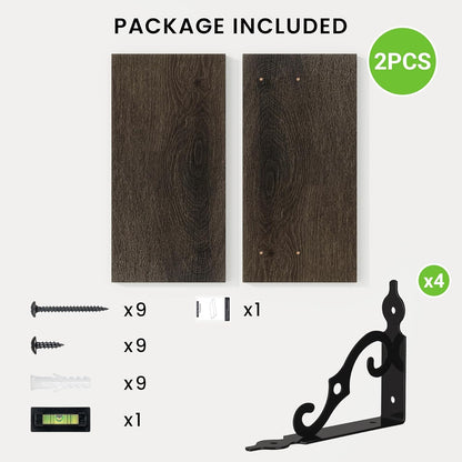 RICHFOCUS Floating Shelves for Wall Decor, 8 Inch Deep Wall Shelves Set of 2, 16W x 8D Black Floating Shelves Wall Mounted with Metal Brackets, Rustic Wood Shelves for Living Room Bedroom Kitchen