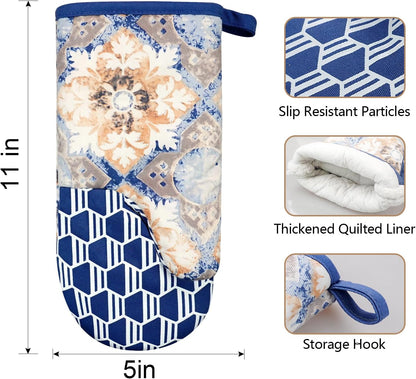 Thumb Oven Mitts, Heat and Slip Resistant Silicone Kitchen Mittens 2-Pack Set, Vintage Carpet Flower Soft Long Oven Gloves, Flexible Potholders for Safe Baking Cooking & Grilling (Dusty Blue)