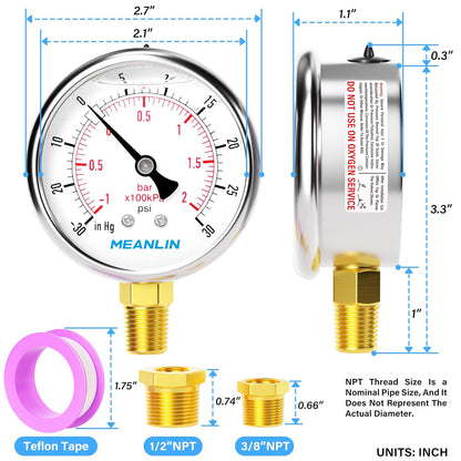 MEANLIN MEASURE -30inHG~30Psi Stainless Steel 1/4" NPT 2.5" FACE DIAL Vacuum Pressure Gauge, Lower Mount, with 1/2" NPT and 3/8" NPT Hex Bushing