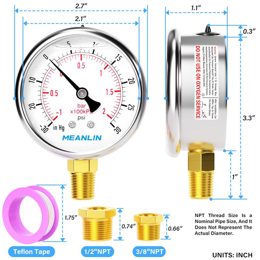 MEANLIN MEASURE -30inHG~30Psi Stainless Steel 1/4" NPT 2.5" FACE DIAL Vacuum Pressure Gauge, Lower Mount, with 1/2" NPT and 3/8" NPT Hex Bushing