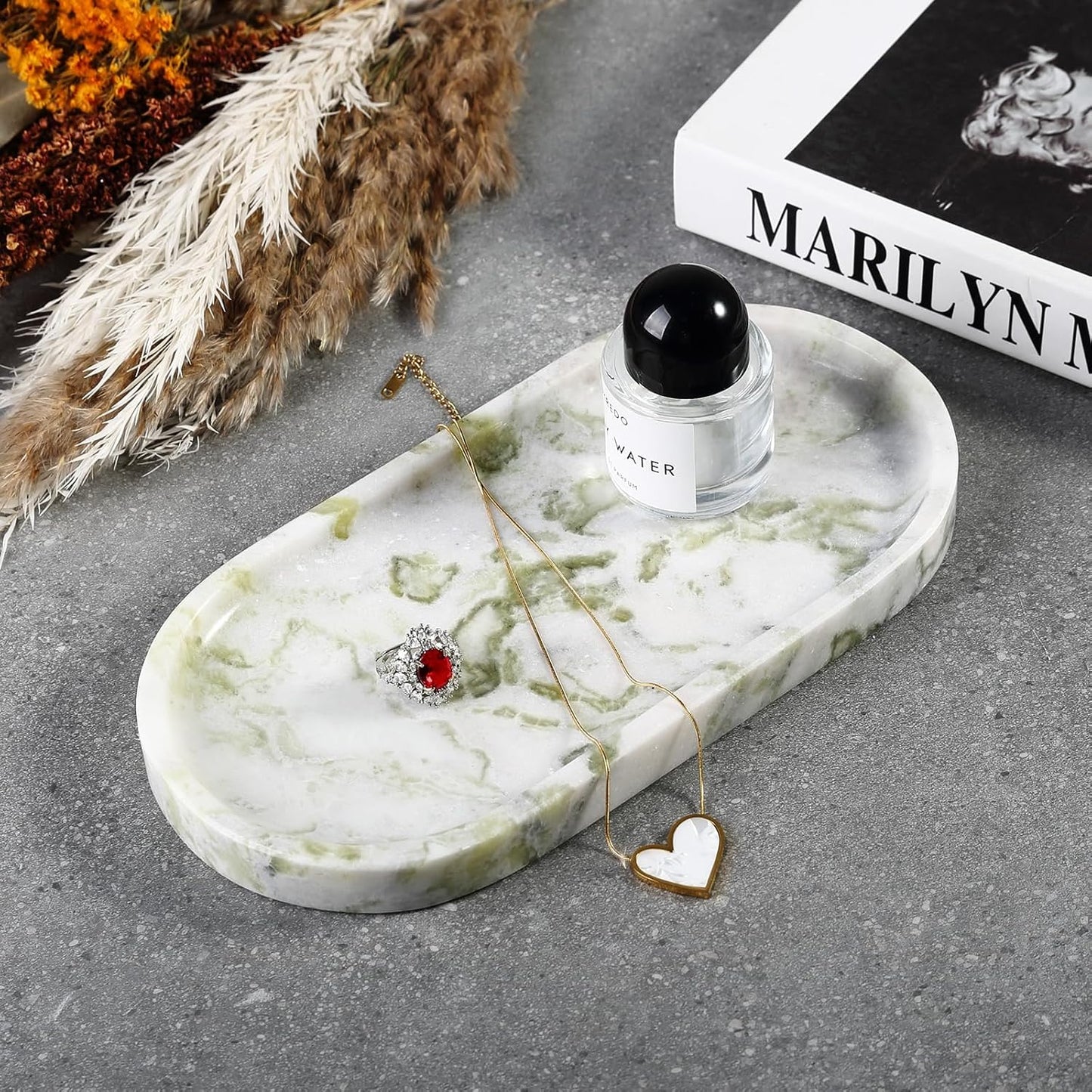 Koville Marble Vanity Tray for Bathroom Countertop, Green Marble Bathroom Tray Perfume Trays for Dresser, Stone Jewelry Dish Stone Trays for Kitchen Counter, Candle Holder for Home Decor
