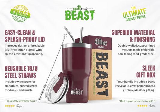 Beast 40 oz Tumbler Stainless Steel Vacuum Insulated Coffee Ice Cup Double Wall Travel Flask (Cranberry Red)
